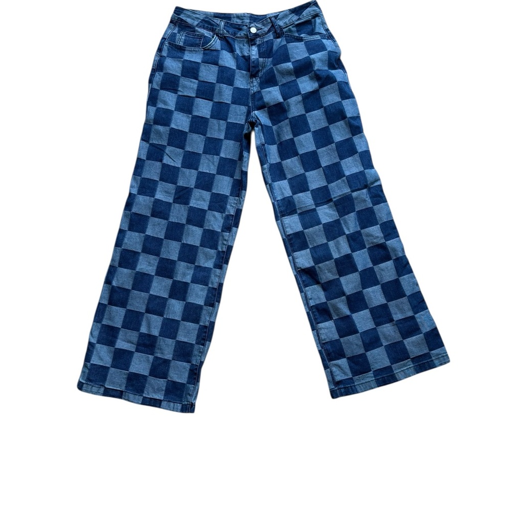 Blue Checkered Wide-Leg Jeans